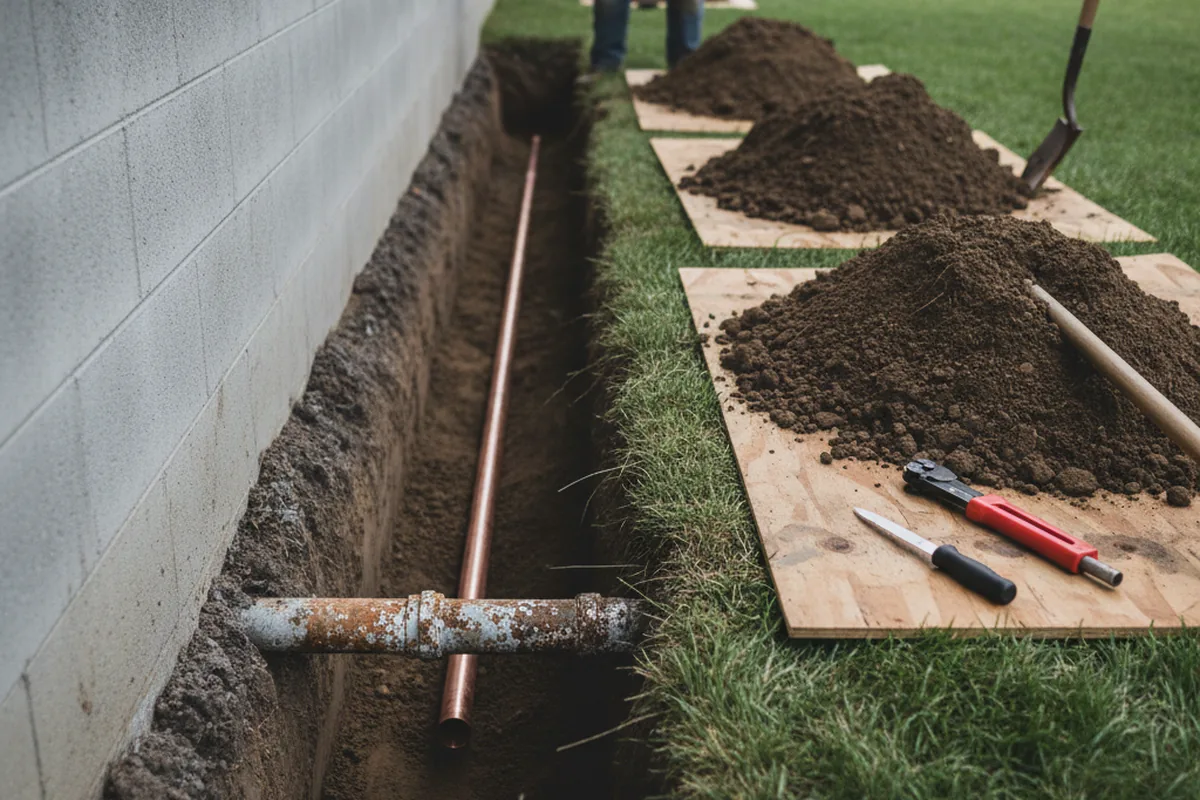 Excavated water line trench during Water Heater Repair in Kawkawlin